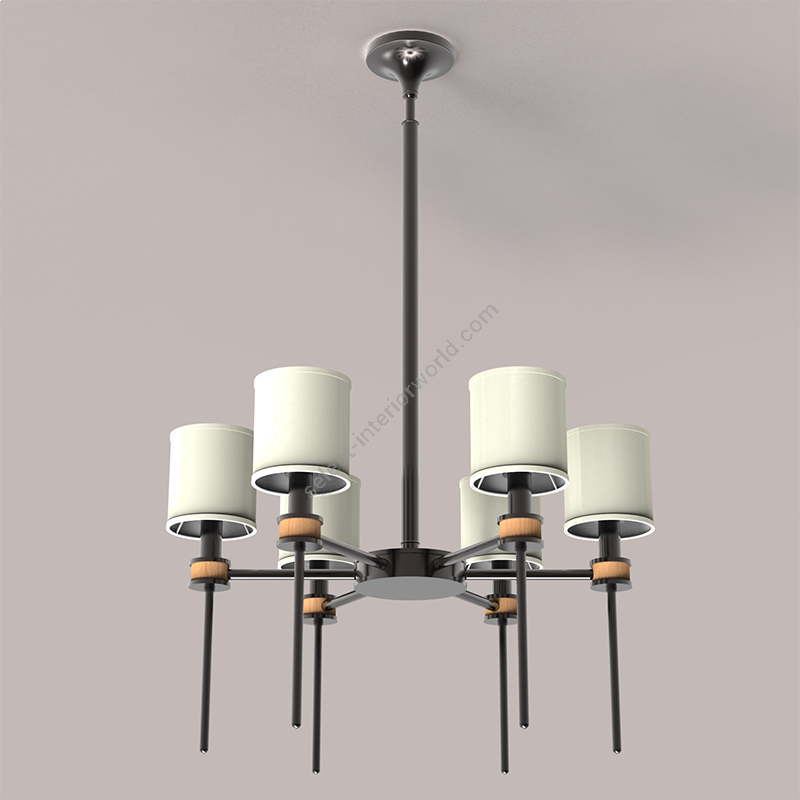 Blackened Brass finish, Insert with Natural Maple / White linen lampshade, 6 lights