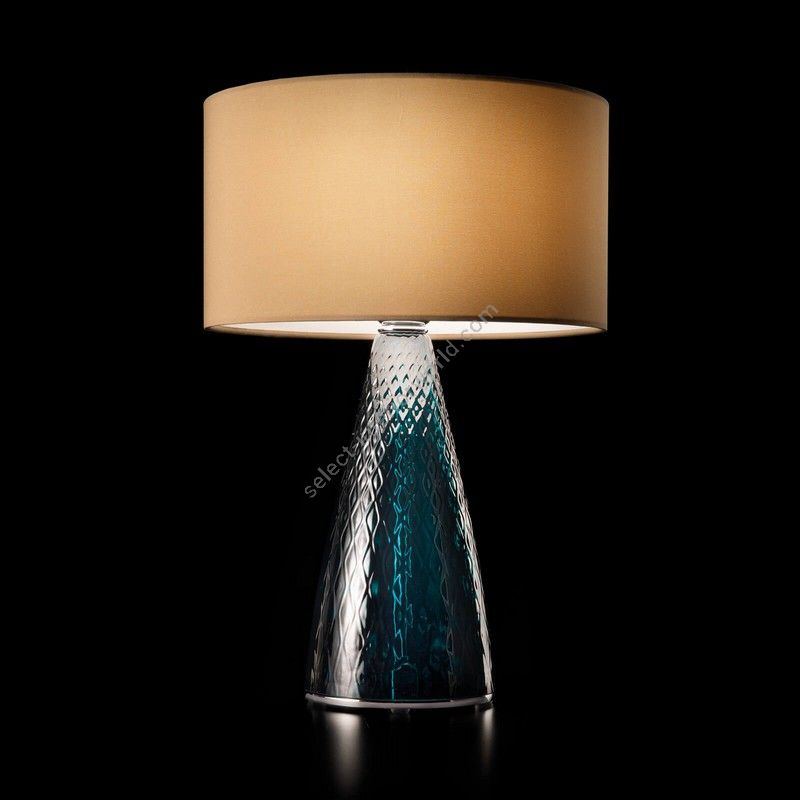 Table lamp / Chrome finish / Dark Turquoise glass / Ponge-hazel fabric lampshade