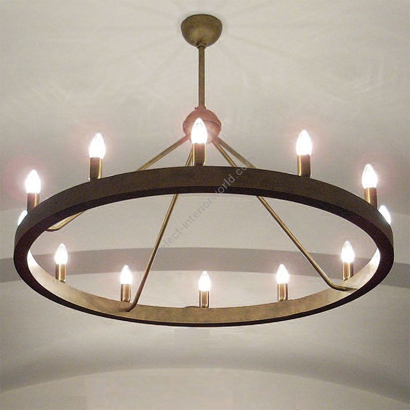 12-lighter suspension lamp of wrought iron with candles, Brass Antique finish