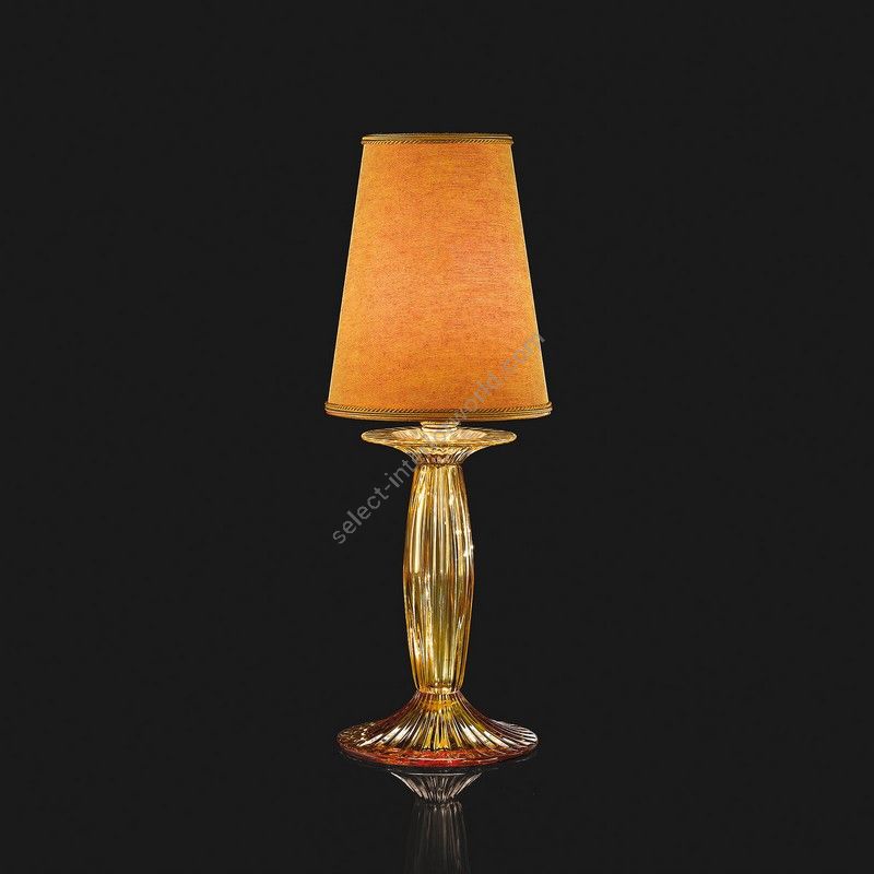 Table lamp / Shiny Gold finish / Amber glass / Orange fabric lampshade / Size - cm.: 40 x 14 x 14 / inch.: 15.75" x 5.51" x 5.51"