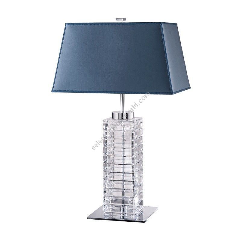 Table lamp / Chrome finish / Mid Blue fabric lampshade / Transparent Glass