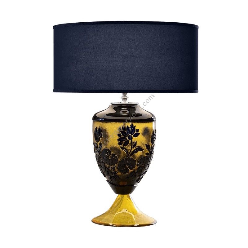 Table lamp / Shiny Nickel finish / Ponge-blue navy fabric lampshade / Amber-Blue crystal