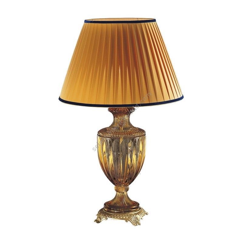 Table lamp / Matt Gold finish / Plissè-yellow fabric lampshade / Amber glass