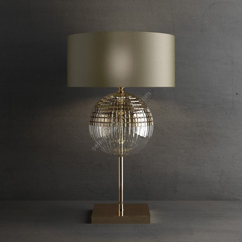 Table lamp / Gold Nickel finish / Chinette-dove fabric lampshade / Transparent Crystal