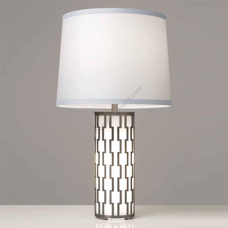 Blackened Brass finish, White Linen lampshade