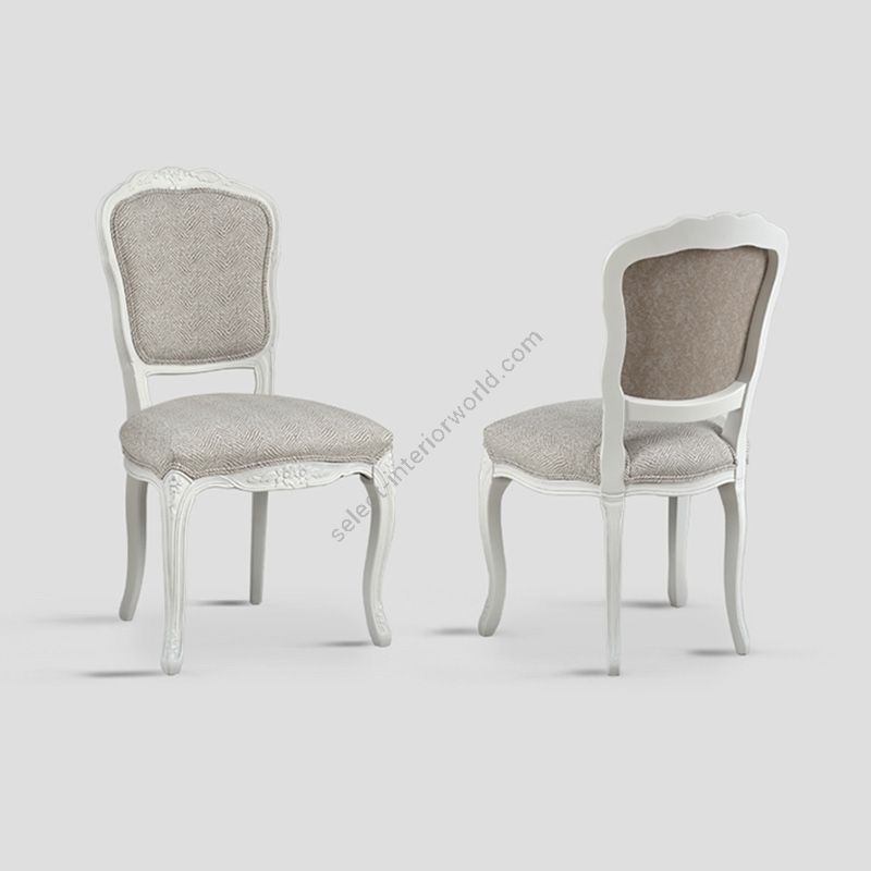 Lacquered in Bianco Vissuto finish / Beige Tweed with Devoré and Tabacco fabric upholstery