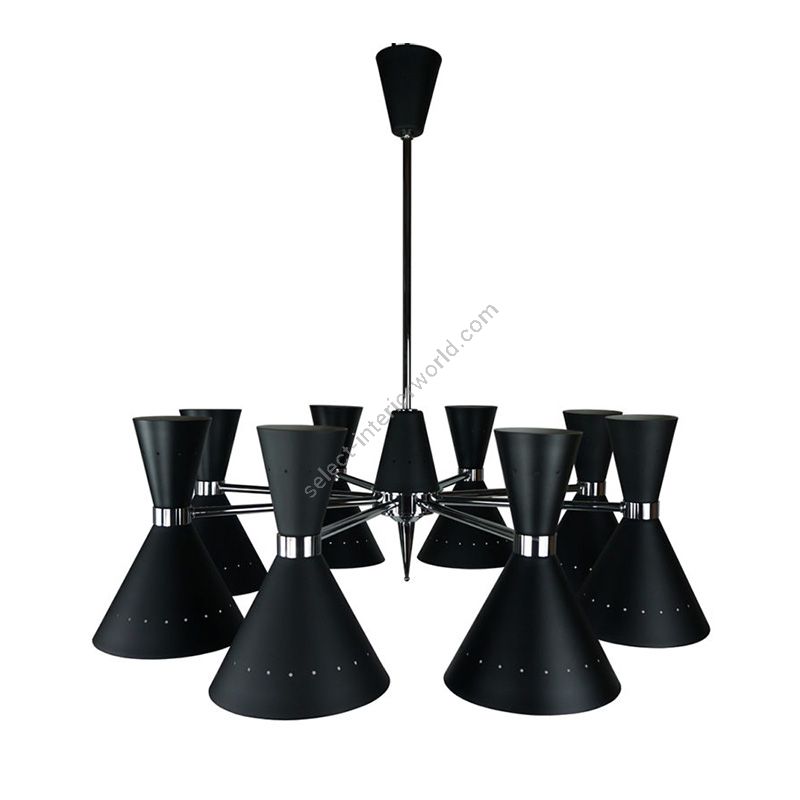 Brass chrome finish / Black metal lampshades / 8 lights (cm.: 75 x 75 x 75 / inch.: 29.5" x 29.5" x 29.5")