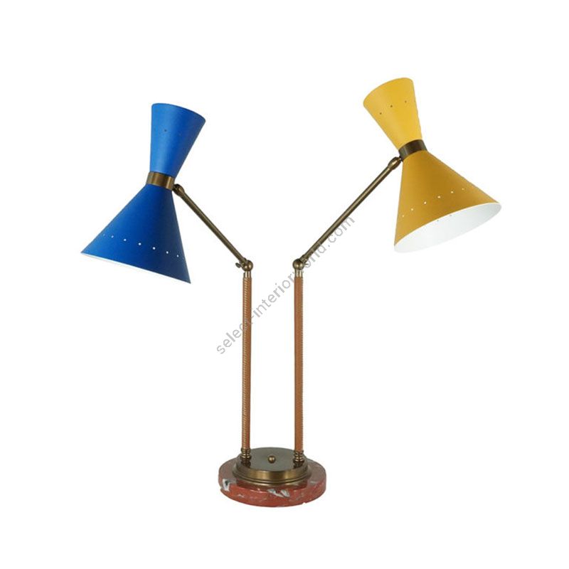 Bronze finish with red marble base / Blue and Yellow metal lampshades