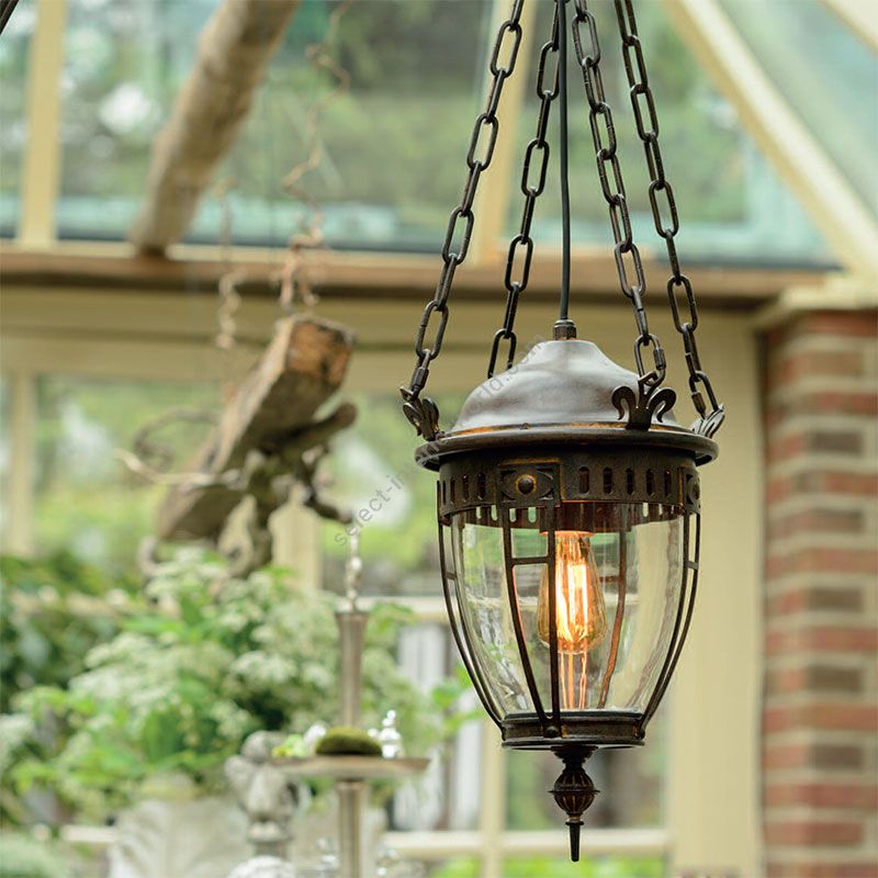 Outdoor Suspension Lamp  with chain made of hard steel and blown glass, Terra finish