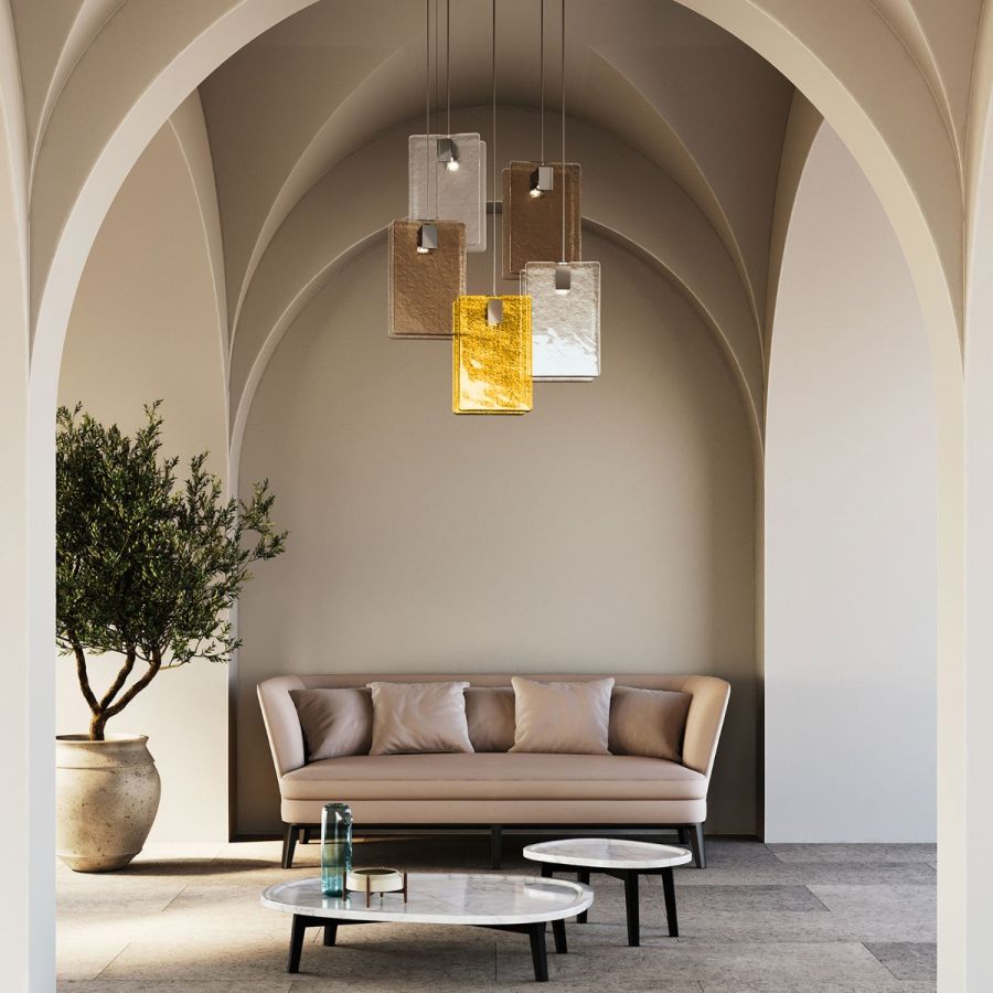 Pendant lamp / Colours of glass: White, Sand, Grey, Amber / 5 lights (cm.: max 142 x 85 x 31 / inch.: max 55.9" x 33.4" x 12.2")