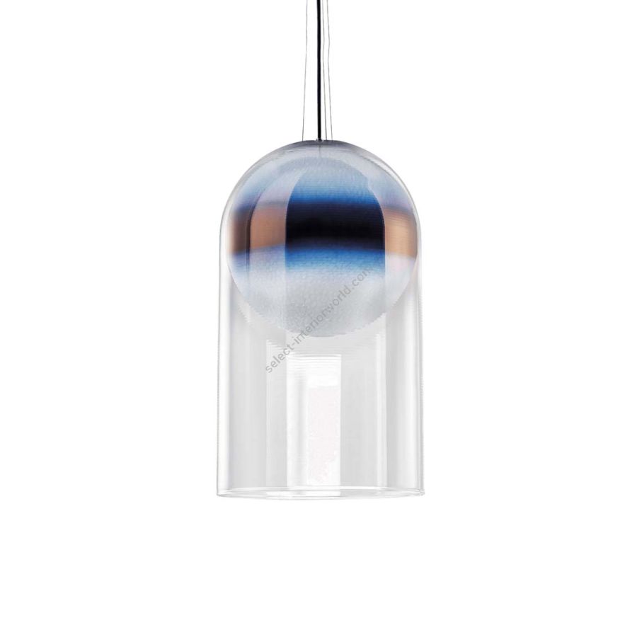 Pendant lamp / Chrome finish / Blue shaded glass with Copper band
