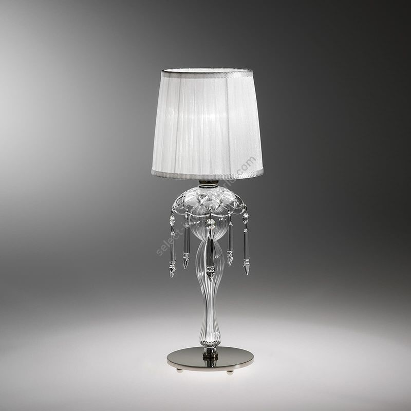 Table lamp / Shiny Nickel finish / Transparent glass / Organza-ivory fabric shade / SW®E pendants / cm.: 42 x 15 x 15 / inch.: 16.53" x 5.90" x 5.90"