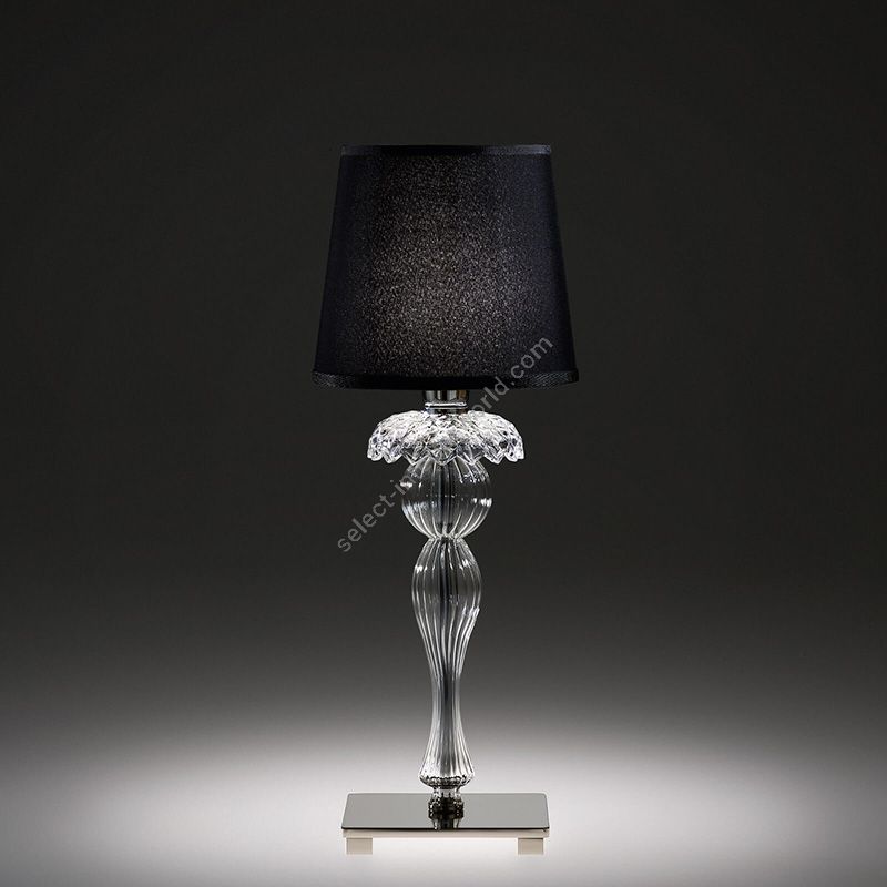 Table lamp / Shiny Nickel finish / Transparent glass / Ponge-black fabric shade / cm.: 48 x 15 x 15 / inch.: 18.9" x 5.9" x 5.9"