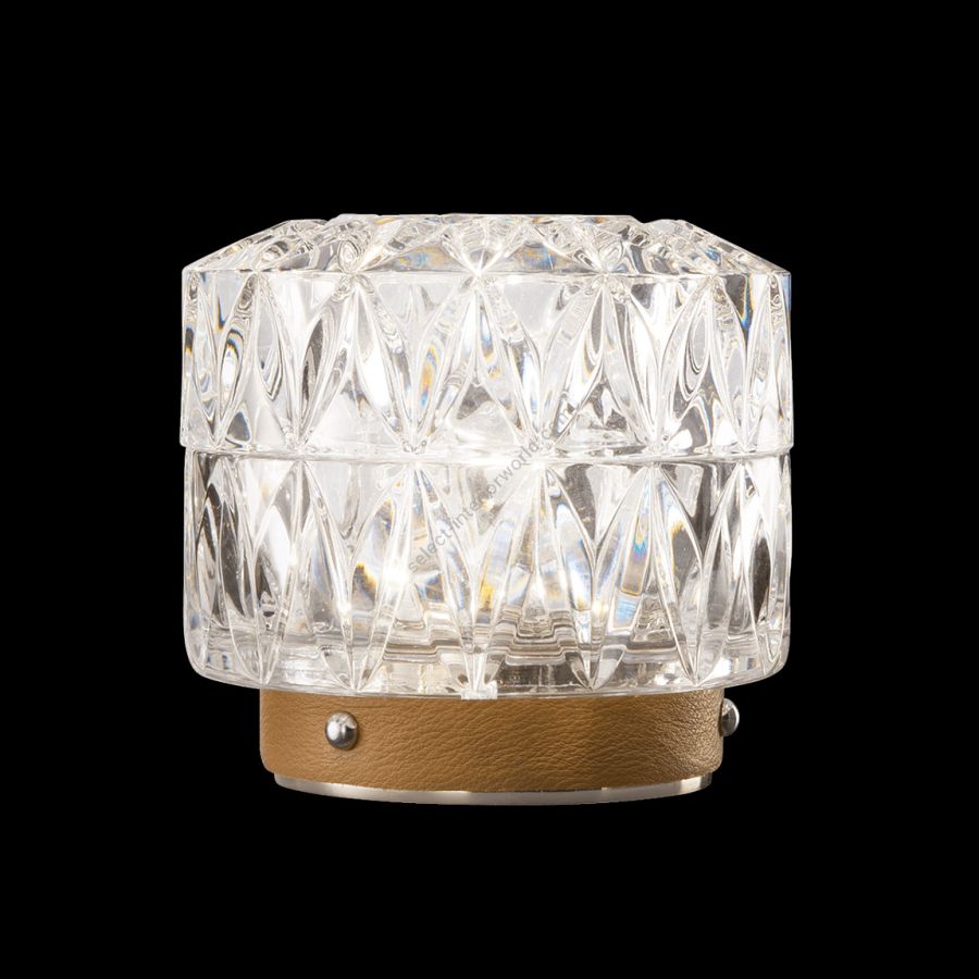 Table led lamp / Shiny Nickel base with leather details / Transparent crystal glass