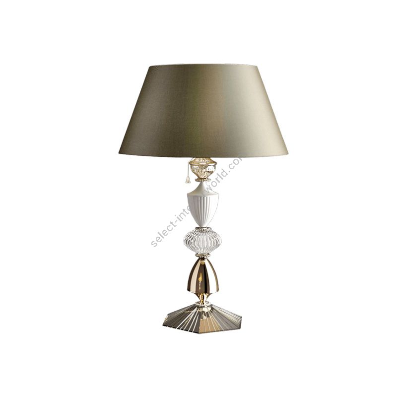 Table lamp / Gold Nickel finish / Chinette-dove fabric lampshade / Transparent glass / cm.: 78 x 53 x 53 / inch: 30.71" x 20.87" x 20.87"