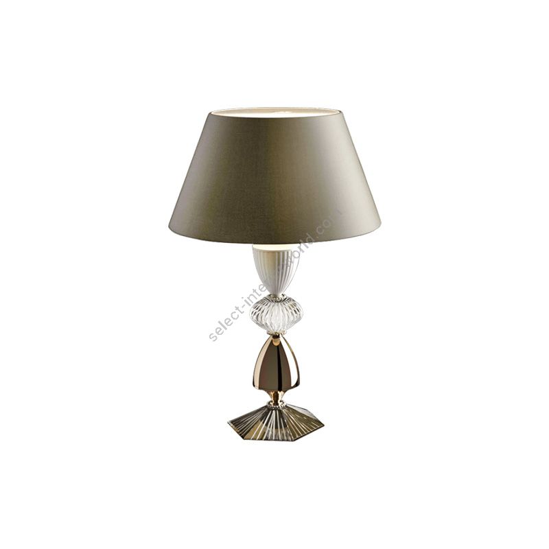 Table lamp / Gold Nickel finish / Chinette-dove fabric lampshade / Transparent glass / cm.: 53 x 36 x 36 / inch: 20.87" x 14.17" x 14.17"