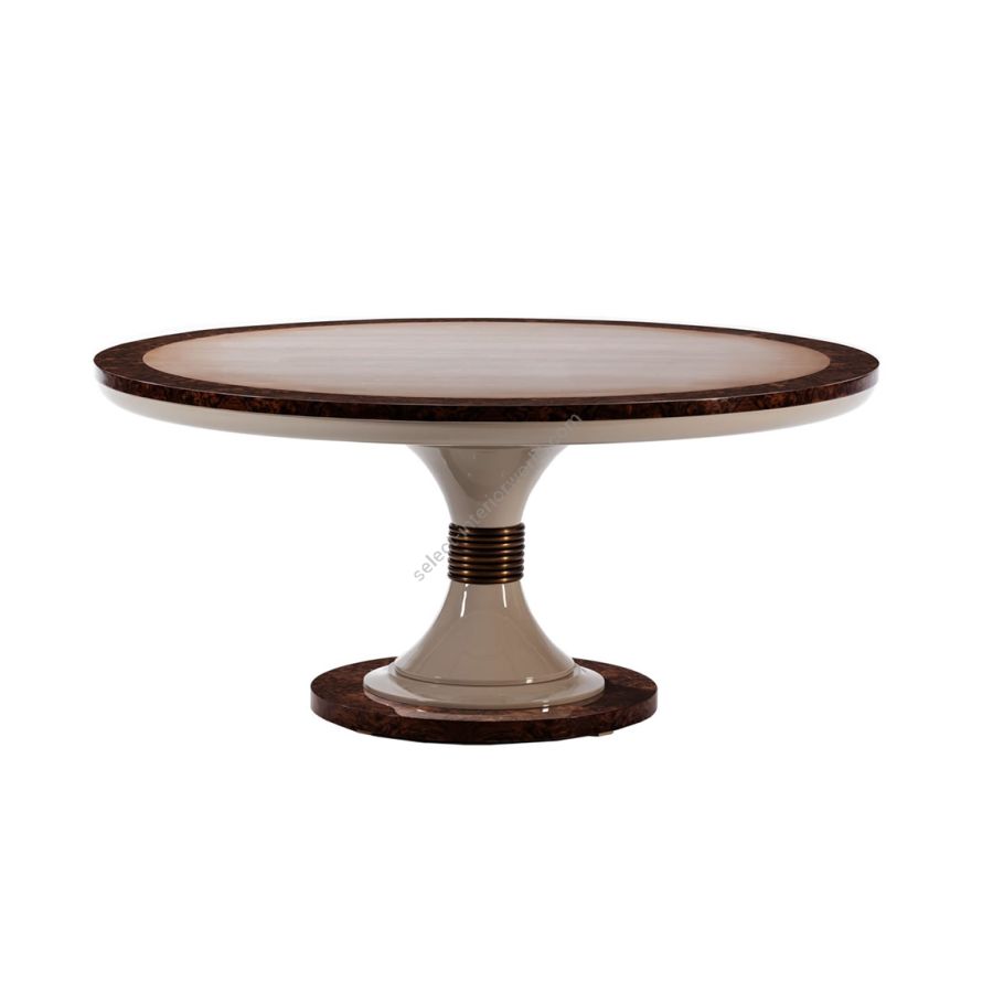 Dining round table / High gloss and Satin wood / Brushed bronze details / Without Lazy Susan