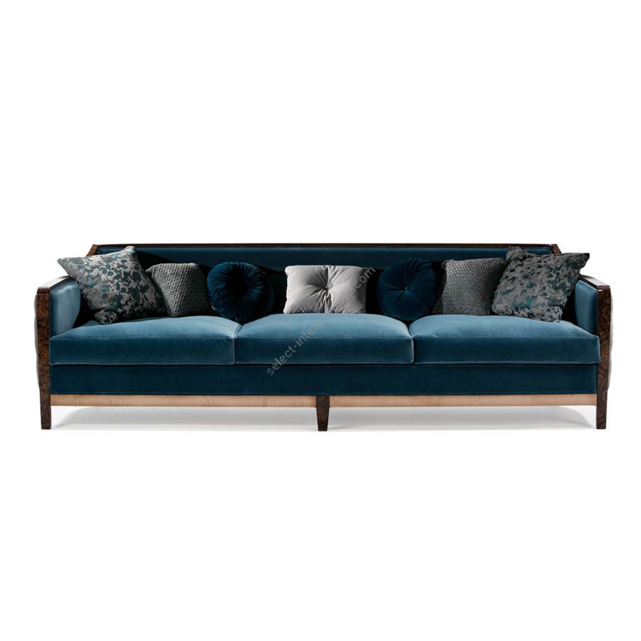 Sofa 3 seater / High gloss and satin wood base / Brushed bronze metal details / Fabric upholstery