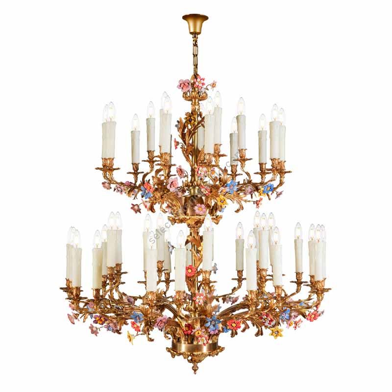 Chandelier / French gold finish with ceramic flowers