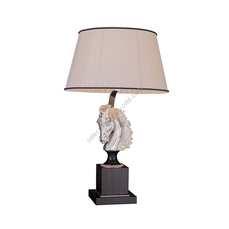 Table lamp / Antique Silver Plated with Polished Black finish / Left position of horse / With White Pleated lampshade