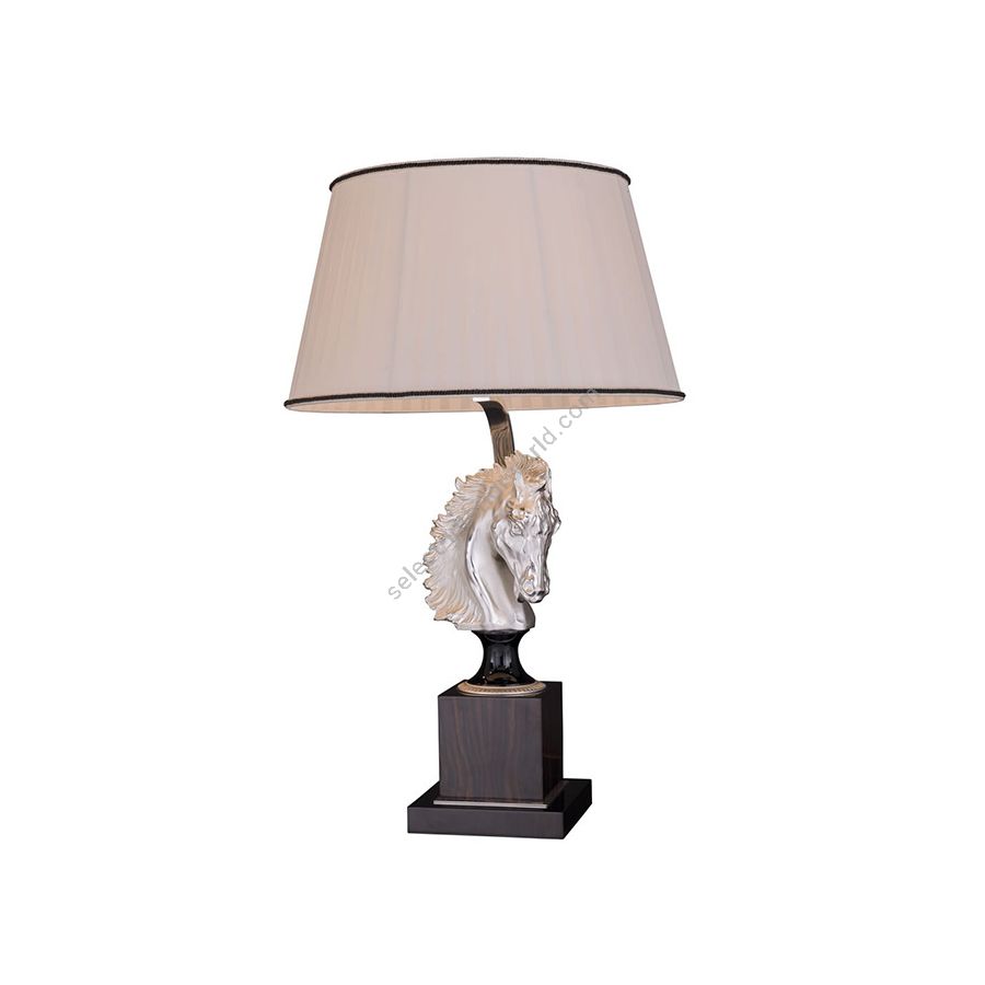 Table lamp / Antique Silver Plated with Polished Black finish / Right position of horse / With White Pleated lampshade