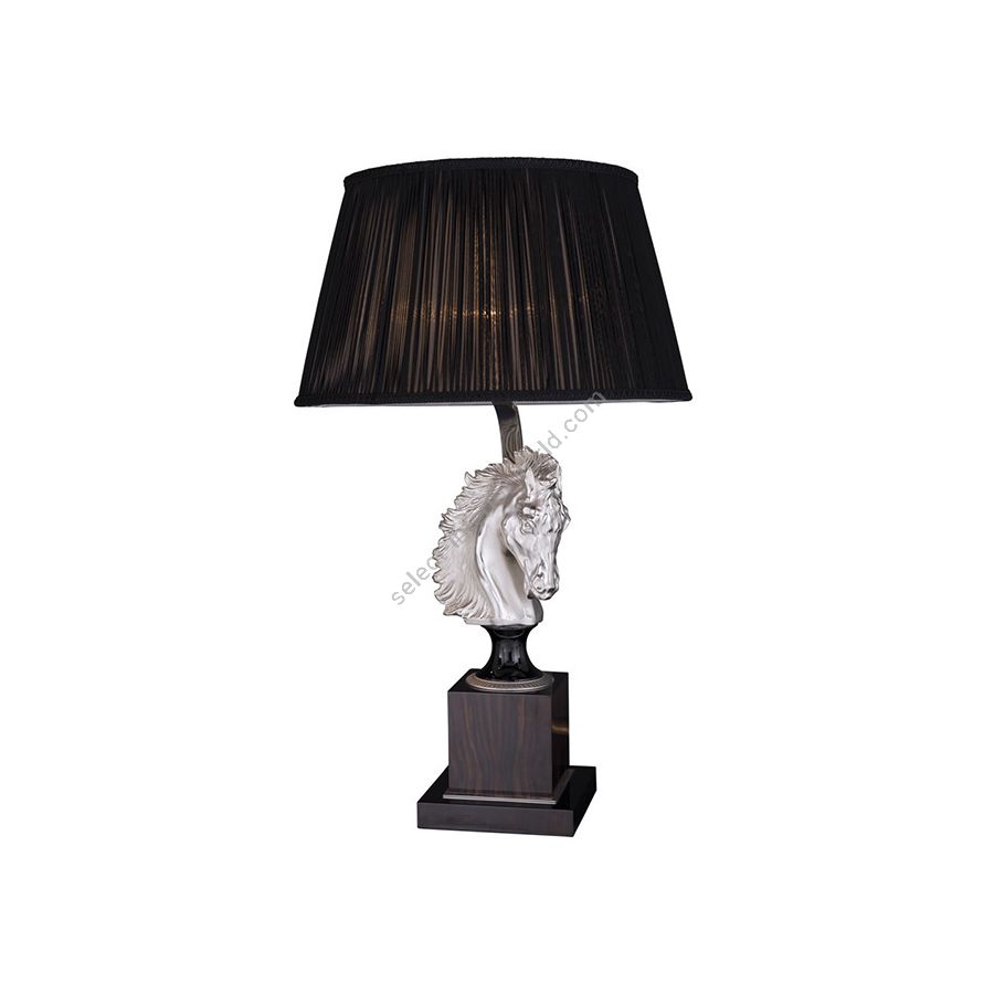 Table lamp / Antique Silver Plated with Polished Black finish / Right position of horse / With Black Pleated lampshade
