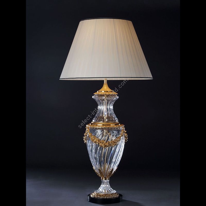 Antique Gold Plated finish / With White Pleated lamp shade / Transparent Crystal leg