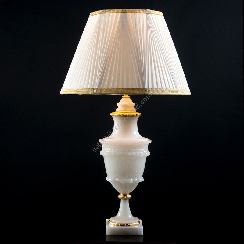 Antique Gold Plated finish / Beige Curb lamp shade / White Alabaster leg