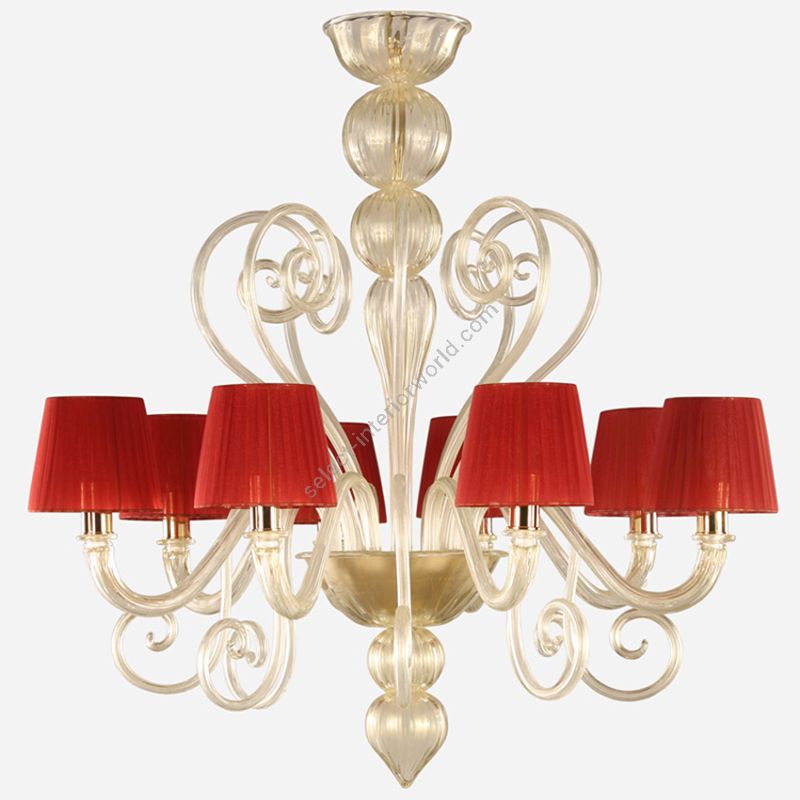 Gold Finish / Gold Glass / Red Lampshade / 8 lights (cm.: 80 x 85 x 85 / inch.: 31.49" x 33.46" x 33.46")