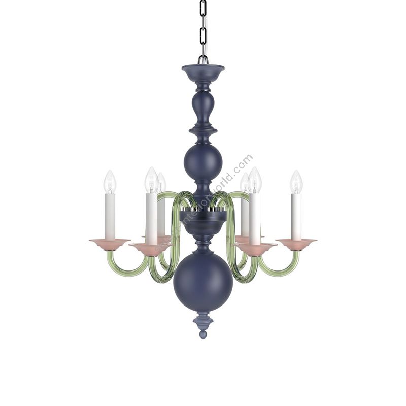 Chrome Finish / Dark Blue Frosted, Green and Rose Frosted color of Glass / 6 lights (cm.: H 76 x W 62 / inch.: H 29.9" x W 24.4")