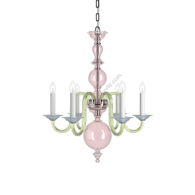 Chrome Finish / Light Rose, Green and Light Blue Frosted colour of Glass / 6 lights (cm.: H 76 x W 62 / inch.: H 29.9" x W 24.4")