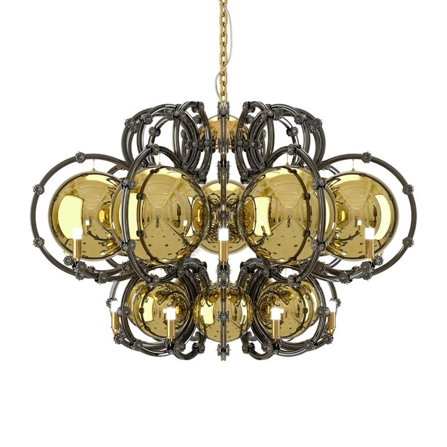 Medium Chandelier / Gold finish (Black glass with Gold spheres)