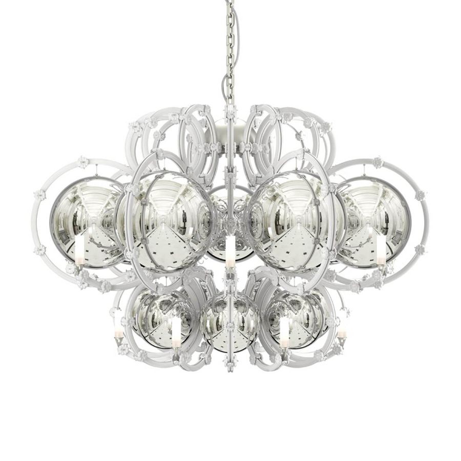 Medium Chandelier / Satin Nickel finish (Opal White glass with Silver spheres)