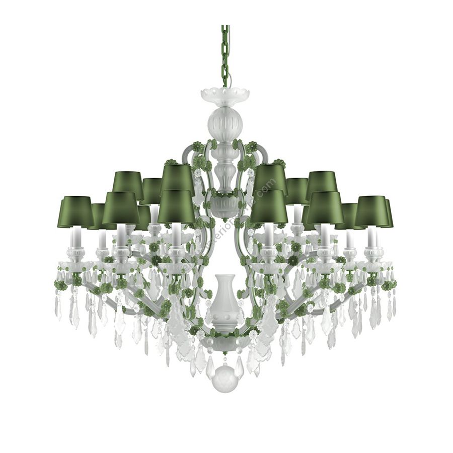 Powder-coated Green Matte Steel Finish / Green Silk Lamp Shades / 21 lights (cm.: H 112 x W 127 / inch.: 44.1" x W 50")
