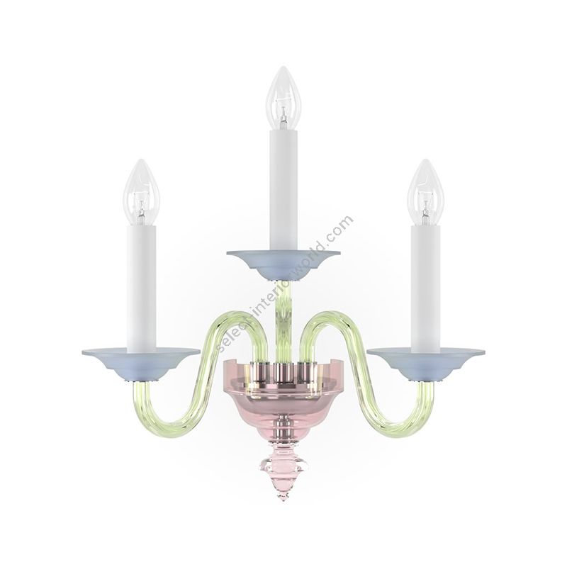 Elegant Wall Sconce Three Candles / Chrome metal with Light Rose, Green and Light Blue glass