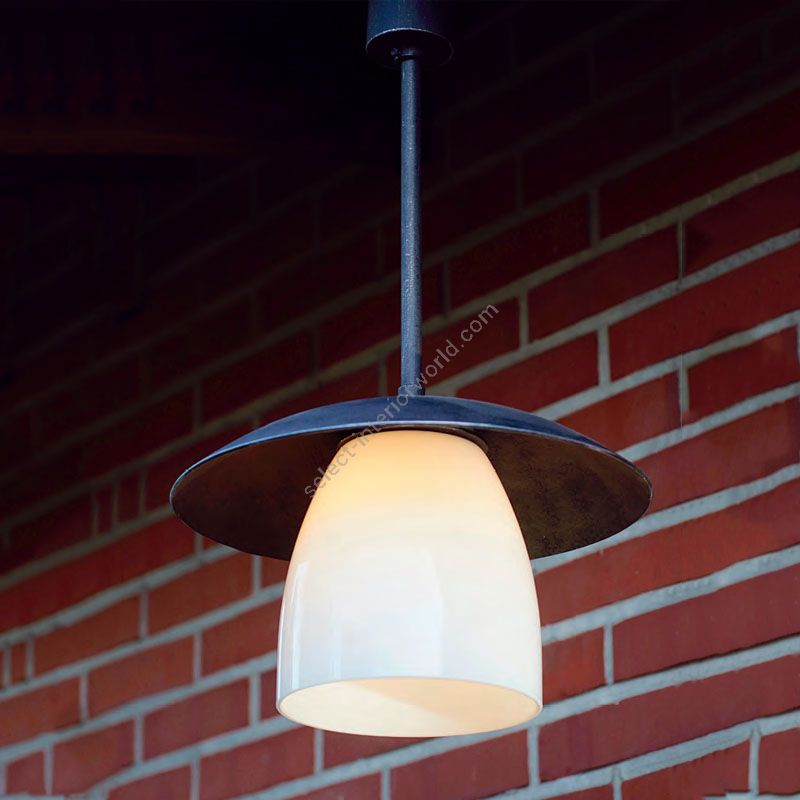 Outdoor suspension lamp, handcrafted, made of metal and glass, Iron nature finish