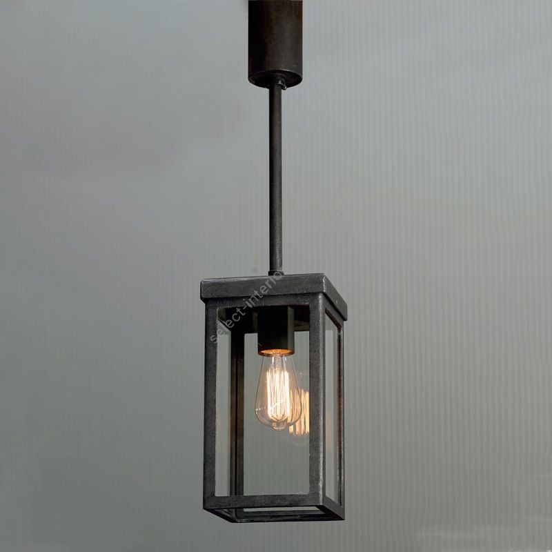 Outdoor suspension lamp, made of clear glass and handcrafted metal, iron nature finish