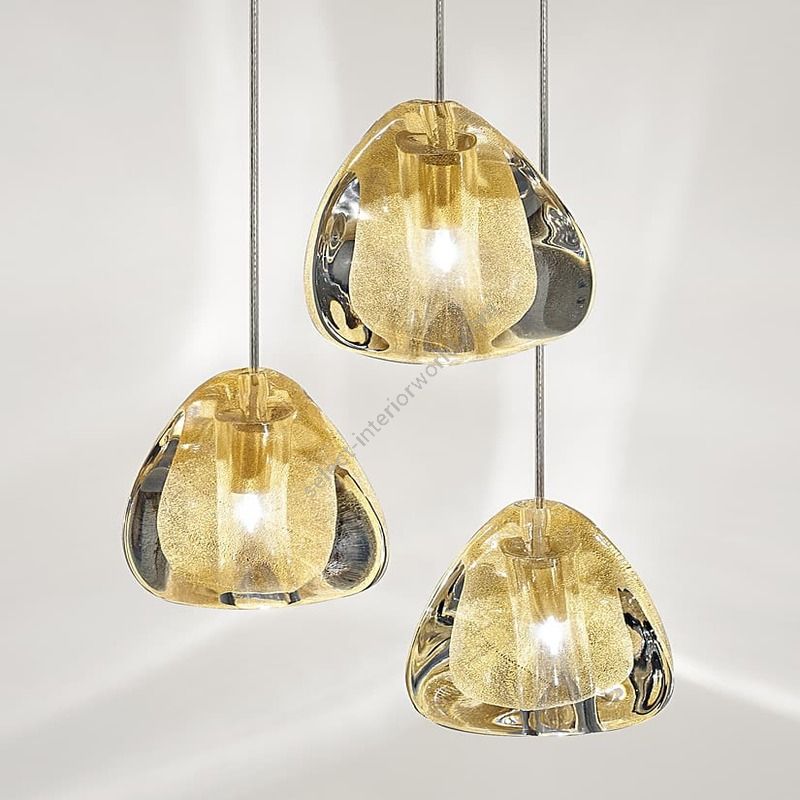 Suspension lamp / With white canopy / Clear and Gold diffuser / 3 lights (cm.: 190 x 22 x 22 / inch.: 74.8" x 8.7" x 8.7")