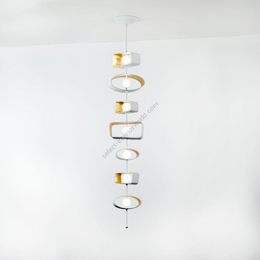 Pendant lamp / Outside Finish & Inside Finish: Cloud & 22k Yellow Gold Leaf / Cast Form Composition: Mixed (Trapezoid + Oval)