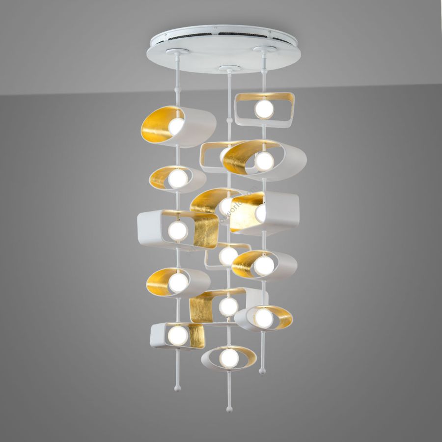 Round Pendant lamp / Finish: Cloud / Inside Shade Finish: 22k Yellow Gold Leaf / Configurations (size): 3 Stems/5 Cast Forms (cm.: 144.8 x 61 x 15.2 / inch.: 57" x 24" x 6") / Form Composition: Mixed (Trapezoid + Oval)