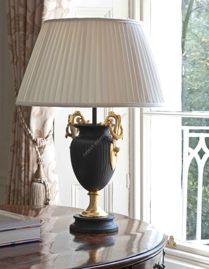 Table lamp / Bronze and Gilt finish / Knife pleat type of lampshade / Cream colour, material silk