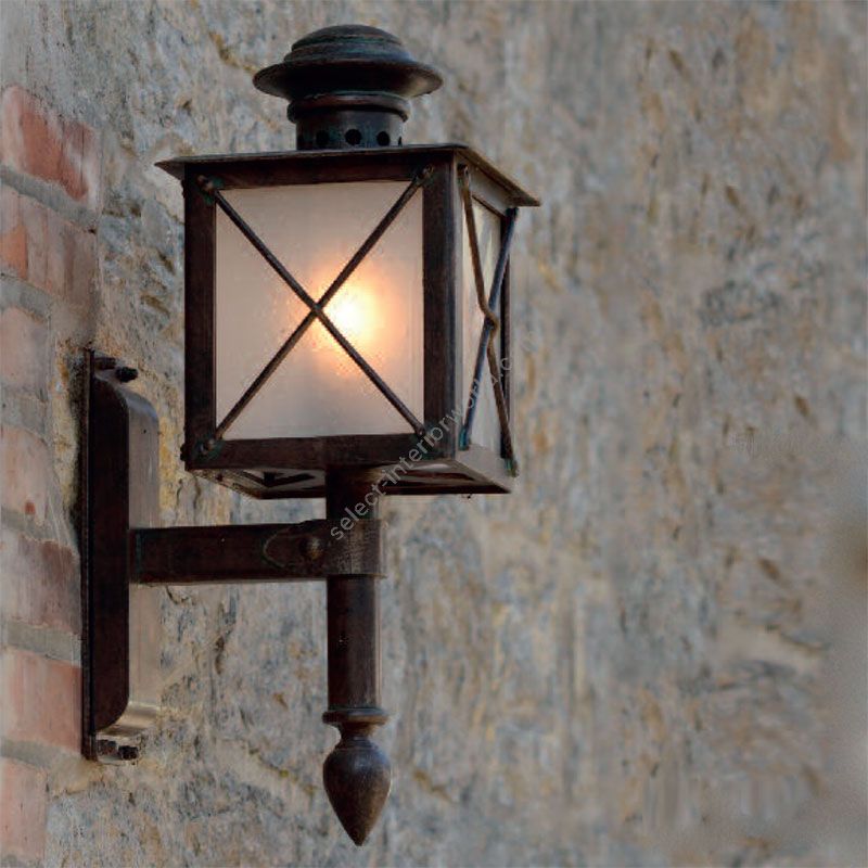 Outdoor wall lamp, a lantern-type fixture in a square shape, Patina finish