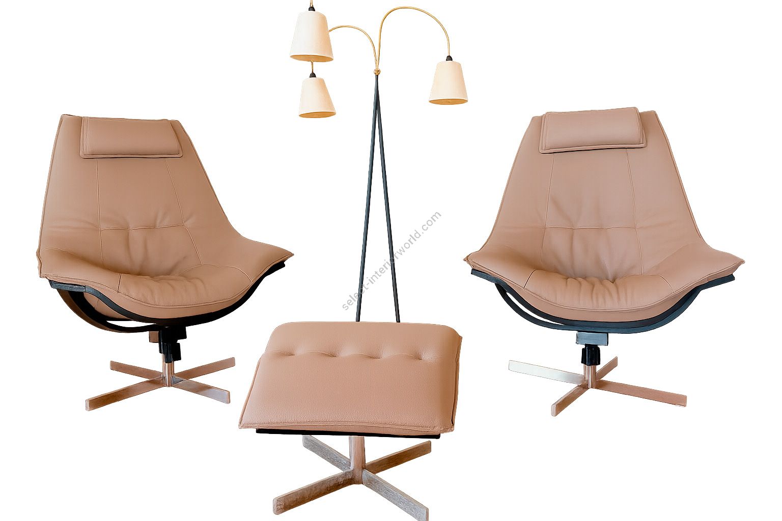 Roche Bobois /FLIGHT / made in France / Sidney leather and natural wood / Set of Two Armchairs with Pouf / In stock