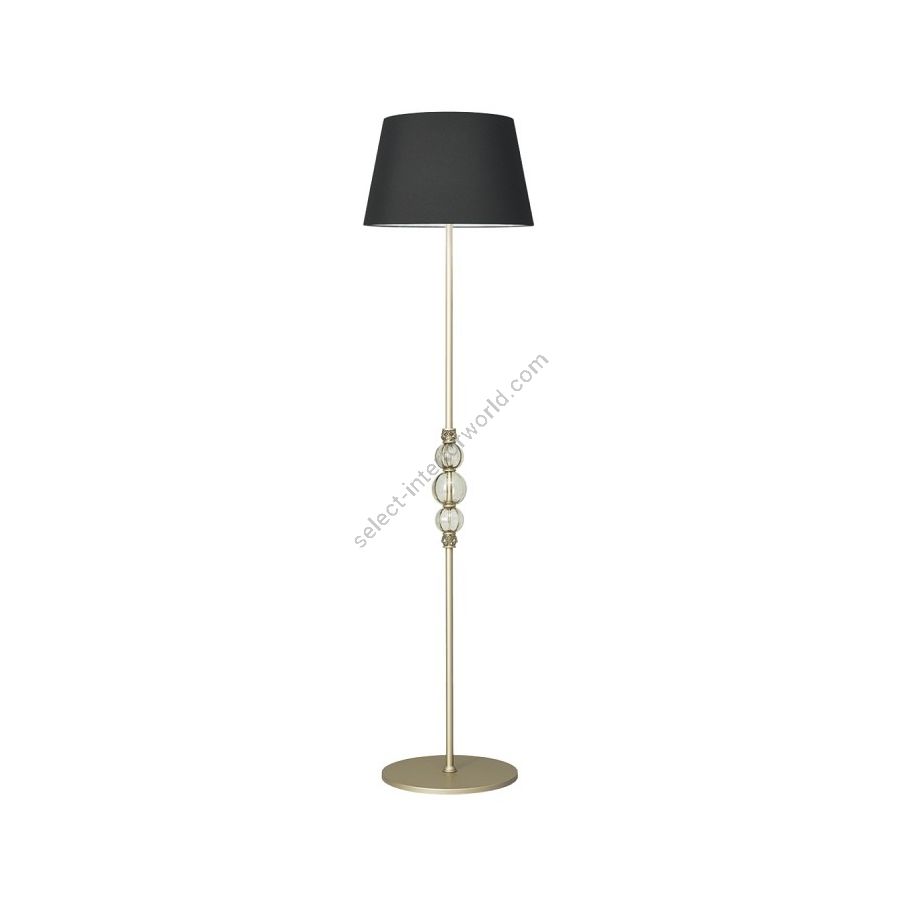 Floor lamp / Satin Gold finish / Ponge-black fabric lampshade / Teak glass
