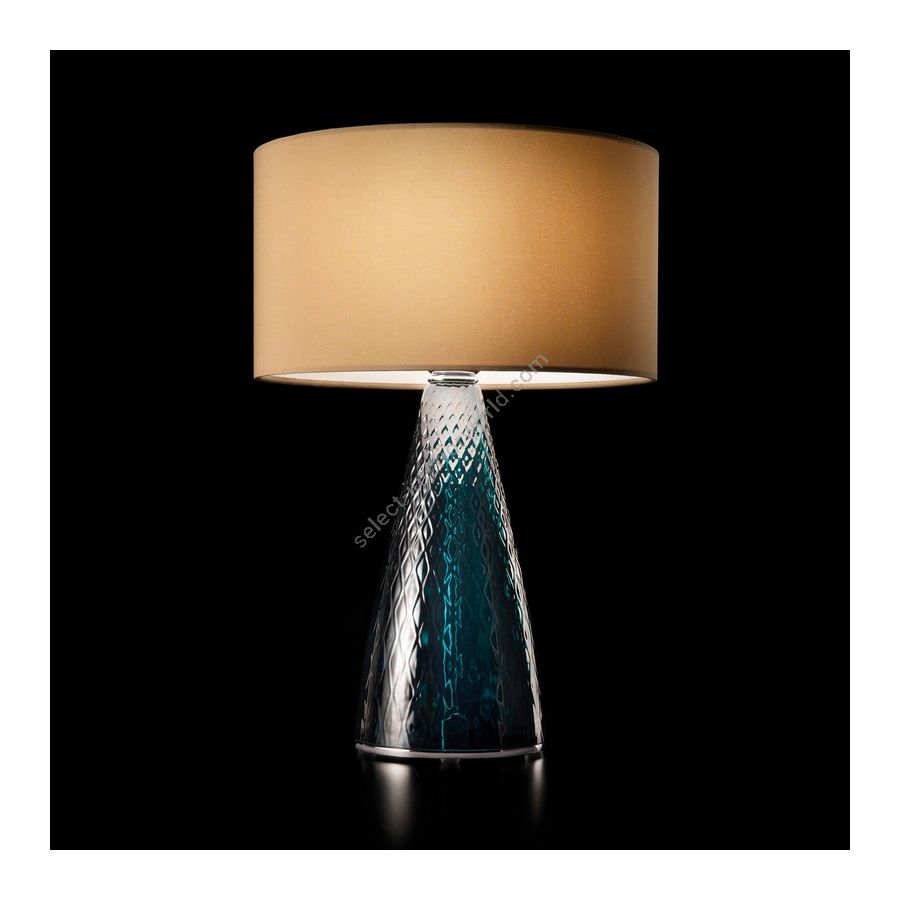 Table lamp / Chrome finish / Dark Turquoise glass / Ponge-hazel fabric lampshade