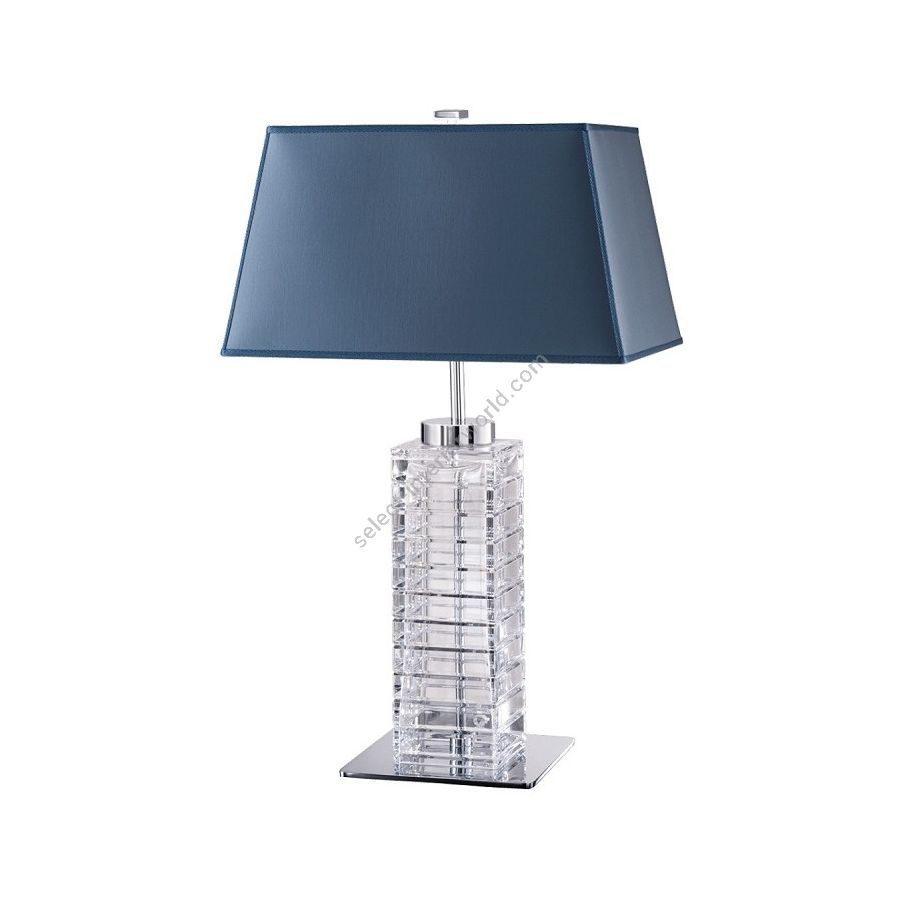 Table lamp / Chrome finish / Mid Blue fabric lampshade / Transparent Glass