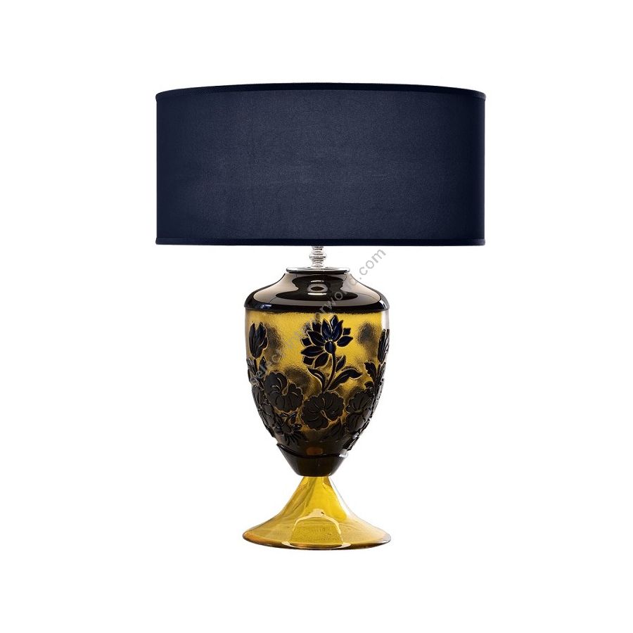 Table lamp / Shiny Nickel finish / Ponge-blue navy fabric lampshade / Amber-Blue crystal