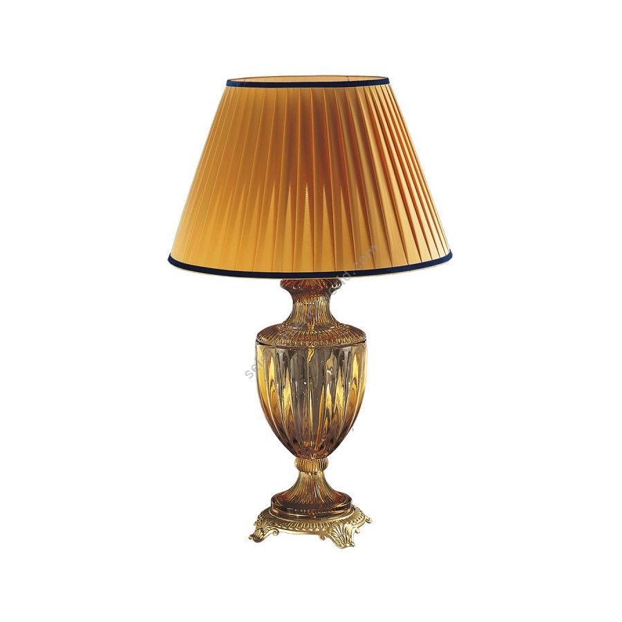Table lamp / Matt Gold Finish / Plissè-yellow Fabric lampshade / Amber Glass