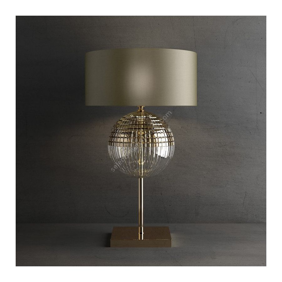 Table lamp / Gold Nickel finish / Chinette-dove fabric lampshade / Transparent Crystal