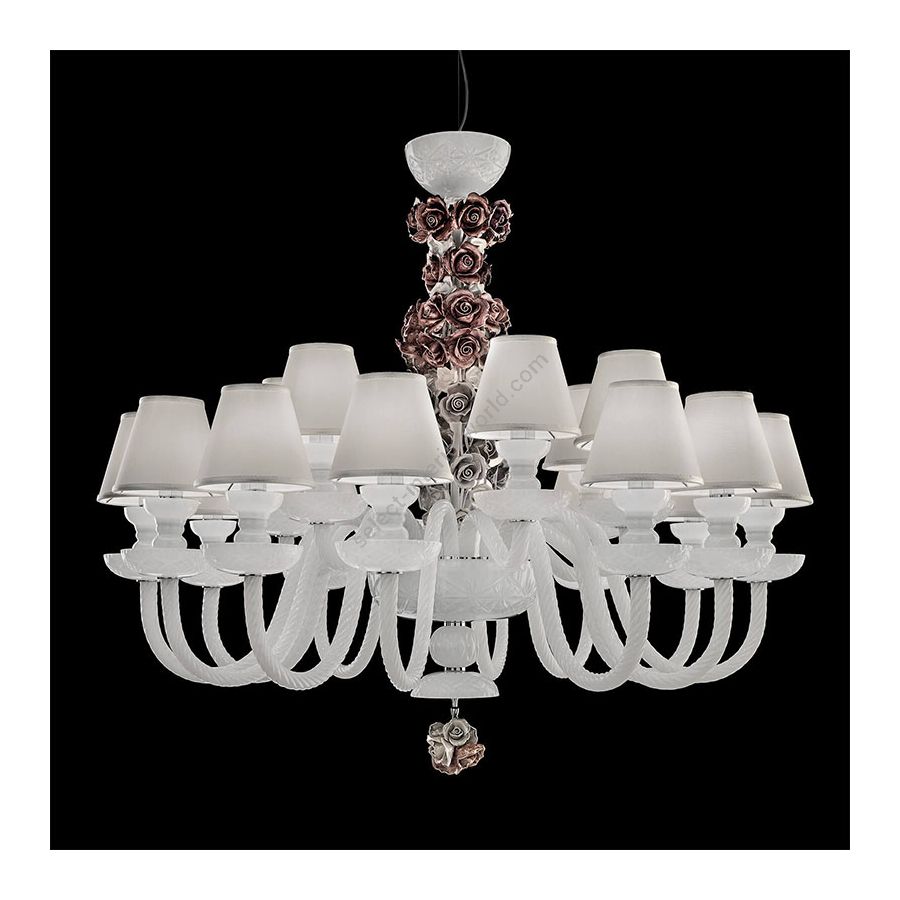 Chandelier / Chrome finish / White glass / Chinette-ivory fabric lampshades